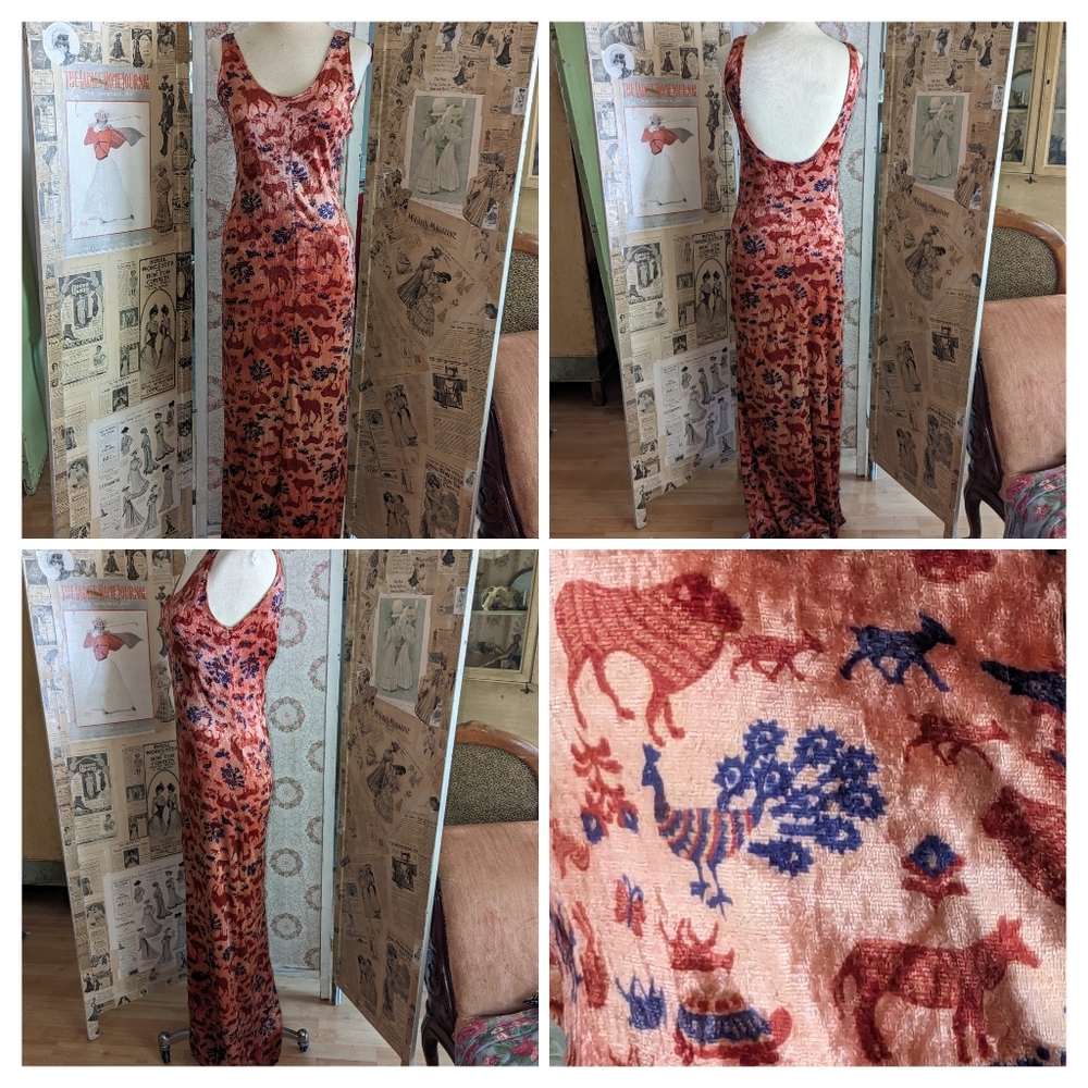 SOLD 1970s Maxi Dress Novelty Print Boho Velvet Animals OOAK Mercer Arts Center